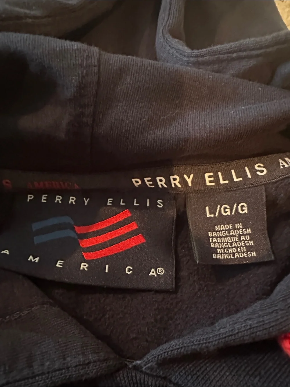 Perry Ellis Navy Hoodie with Red and Yellow Graphic